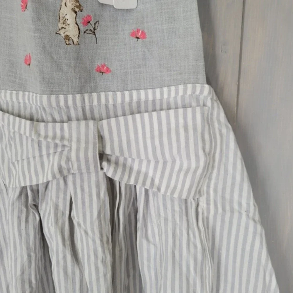 Bunny Tales Apron OS Gray White Striped Embroidered Rabbit Floral Cotton